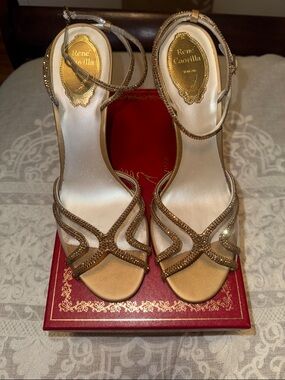 Rene Caovilla Gold Crystal-Trim Strappy Heels